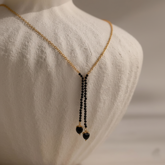 RemindraLux 18K Gold-Plated Black Bead Twin Heart Necklace