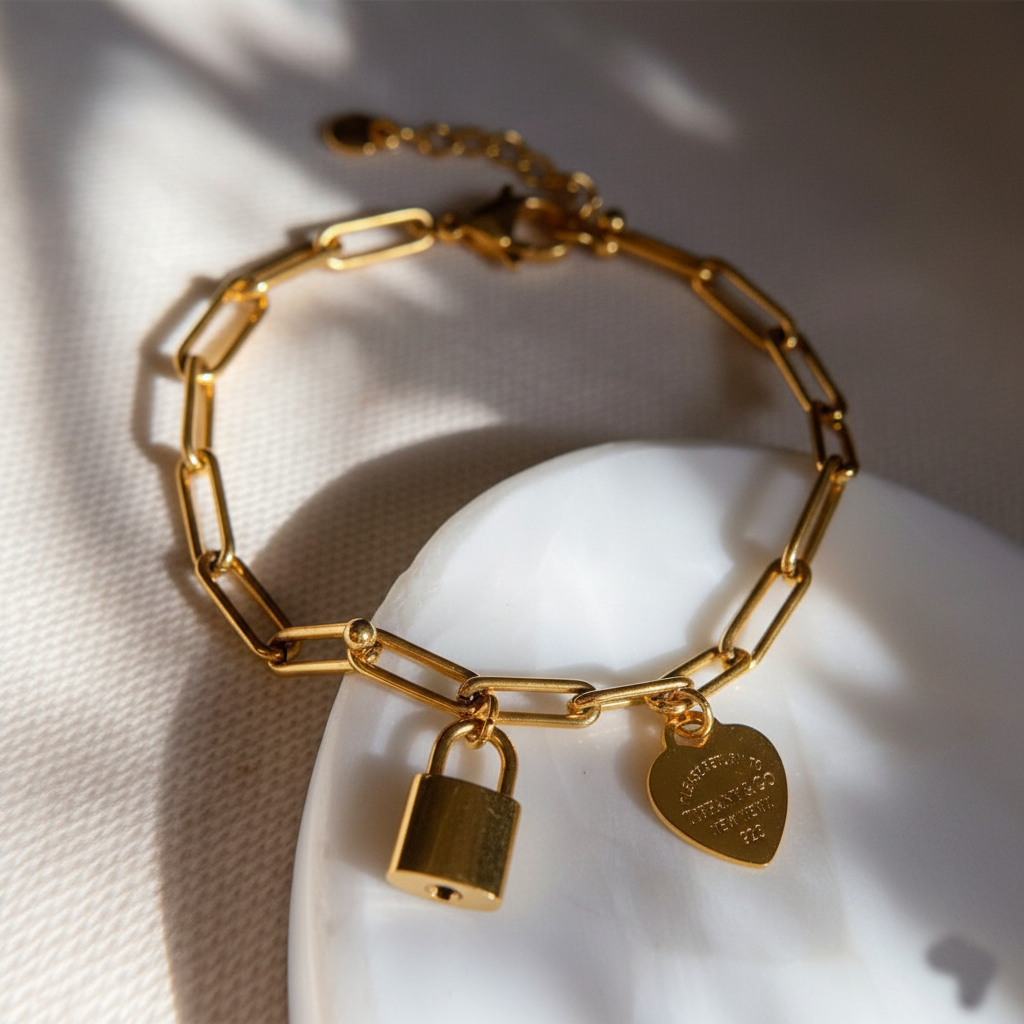 RemindraLux 18K Gold-Plated Heart Tag & Lock Charm Link Bracelet