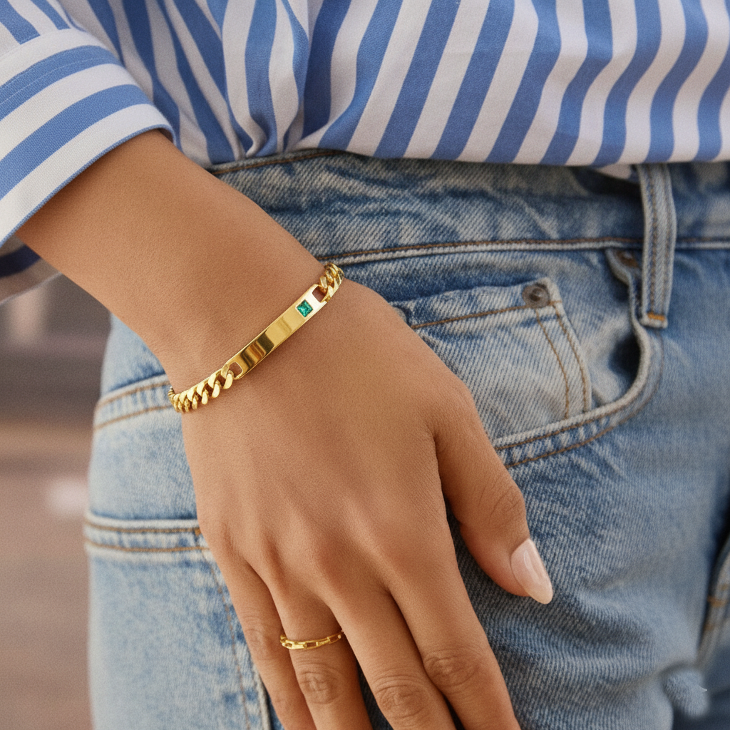 RemindraLux 18K Gold-Plated Cuban Link ID Plate Bracelet with Emerald-Green Accent