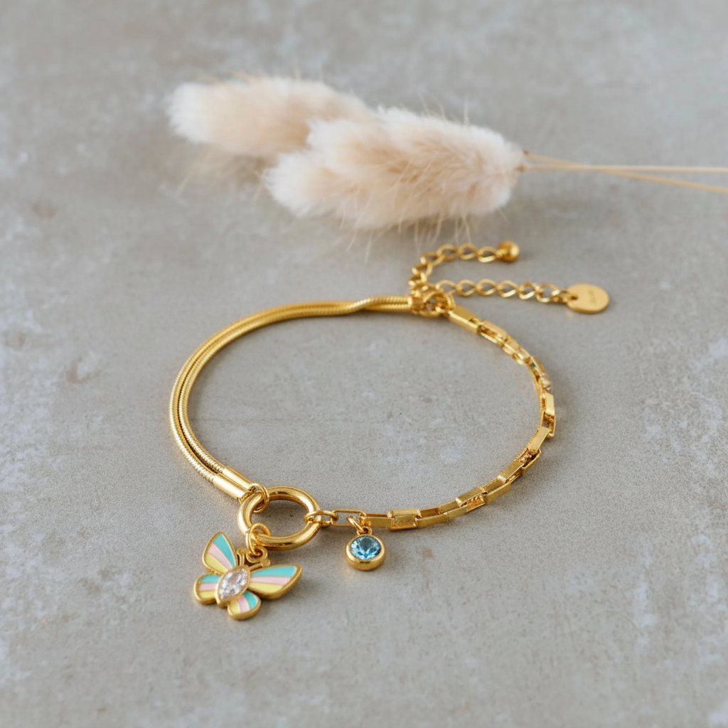 RemindraLux 18K Gold-Plated Dual-Chain Butterfly & Blue Stone Charm Bracelet