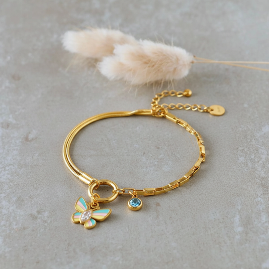 RemindraLux 18K Gold-Plated Dual-Chain Butterfly & Blue Stone Charm Bracelet