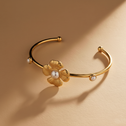 RemindraLux 18K Gold-Plated Pearl Blossom Open Cuff Bangle