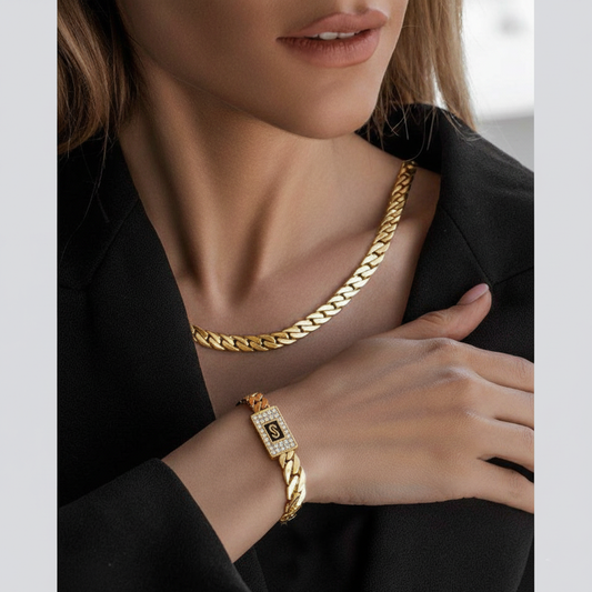 RemindraLux 18K Gold-Plated Monogram Pavé Plaque Curb Bracelet