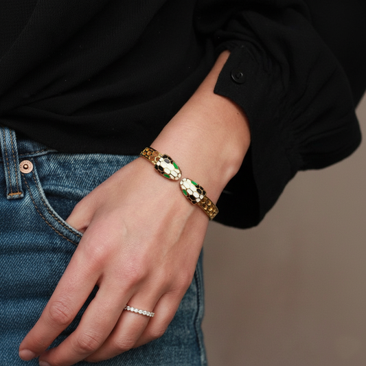 RemindraLux 18K Gold-Plated Serpent Embrace Bangle with Enamel Scales & Emerald Eyes