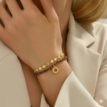 RemindraLux 18K Gold-Plated Sun Charm Double-Layer Heart Bracelet