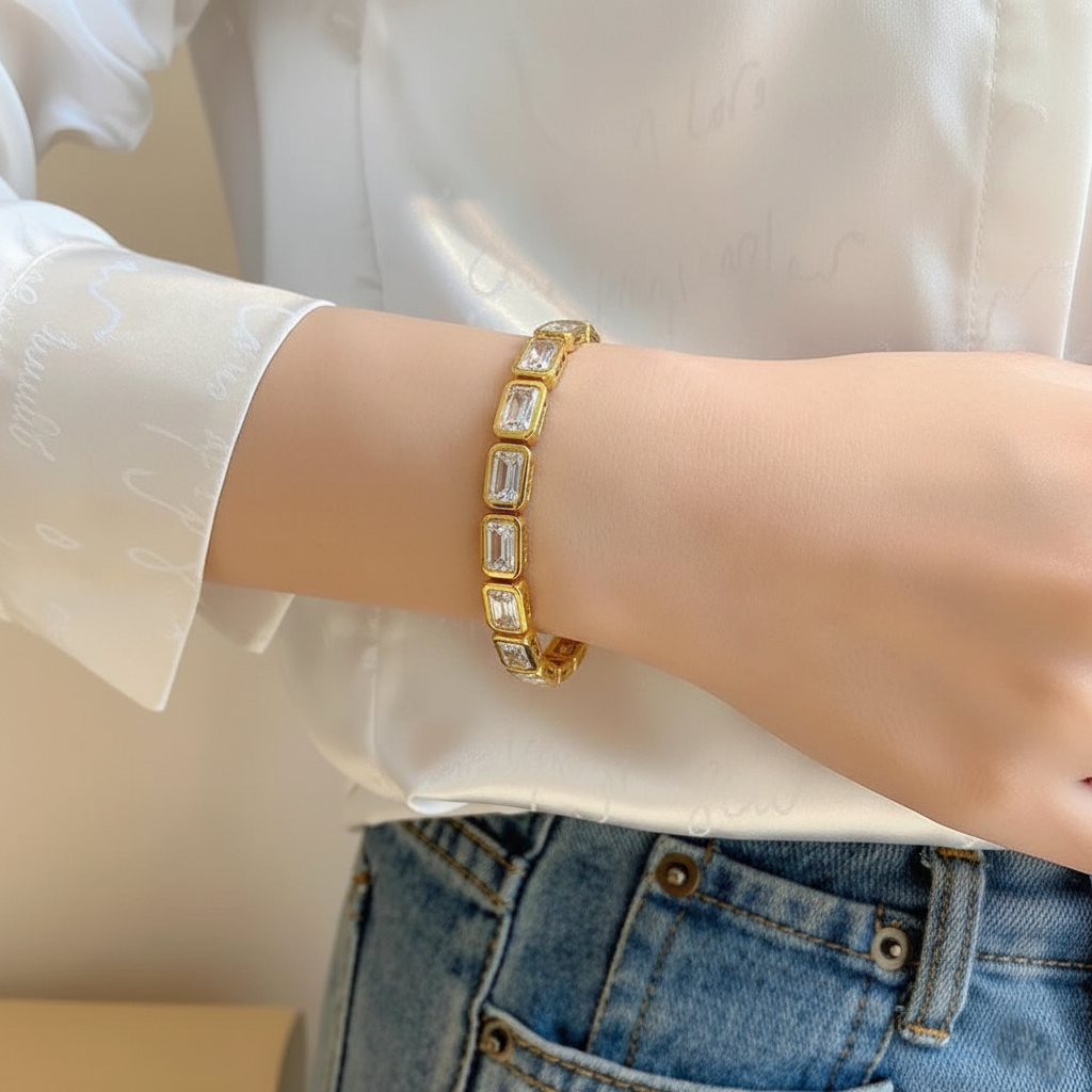 RemindraLux 18K Gold-Plated Emerald-Cut Crystal Bezel Bangle