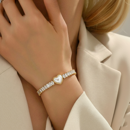 RemindraLux 18K Gold-Plated Pearl Heart & Crystal Tennis Bracelet