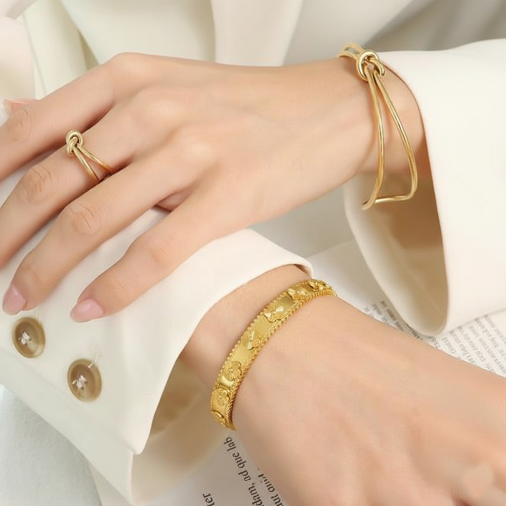 RemindraLux 18K Gold-Plated Beaded Edge Bangle with Golden Flowers