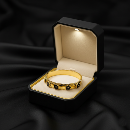 RemindraLux 18K Gold-Plated “Night Garden” Beaded-Edge Bangle – Black Floral Accents
