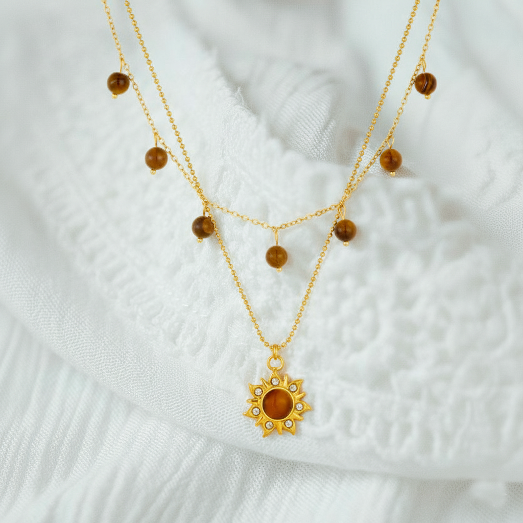 RemindraLux 18K Gold-Plated Dual-Layer Sunburst Gemstone Pendant Necklace