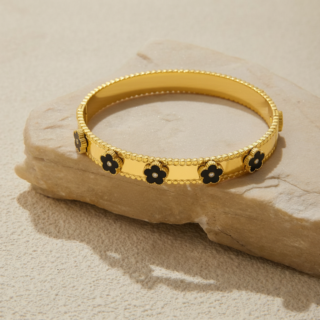 RemindraLux 18K Gold-Plated “Night Garden” Beaded-Edge Bangle – Black Floral Accents