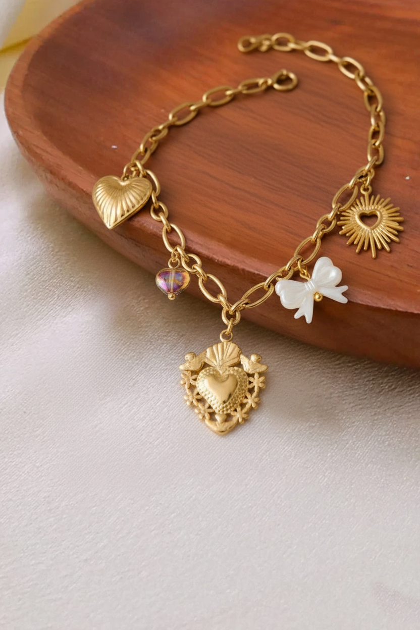 RemindraLux 18K Gold-Plated Sacred Heart Medallion Necklace with Sun, Bow & Glass Heart