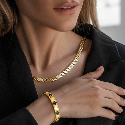 RemindraLux 18K Gold-Plated “Night Garden” Beaded-Edge Bangle – Black Floral Accents