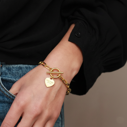 RemindraLux 18K Gold-Plated Heart Tag Chain-Link Toggle Bracelet