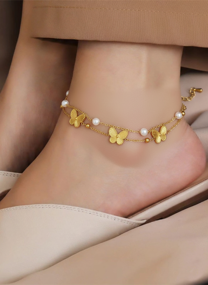 RemindraLux 18K Gold-Plated Butterfly & Pearl Double-Chain Anklet