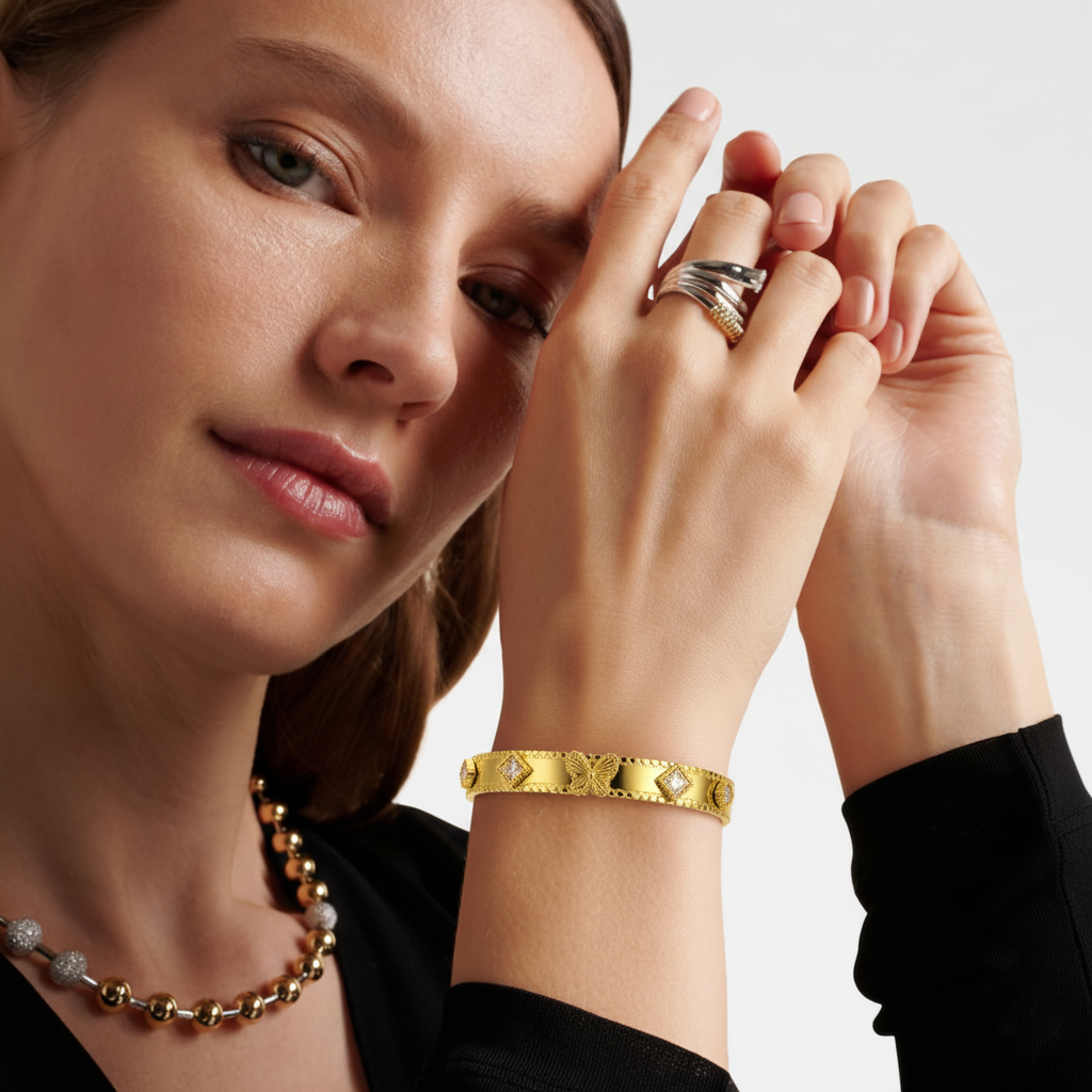 RemindraLux 18K Gold-Plated Butterfly Poise Beaded-Edge Bangle