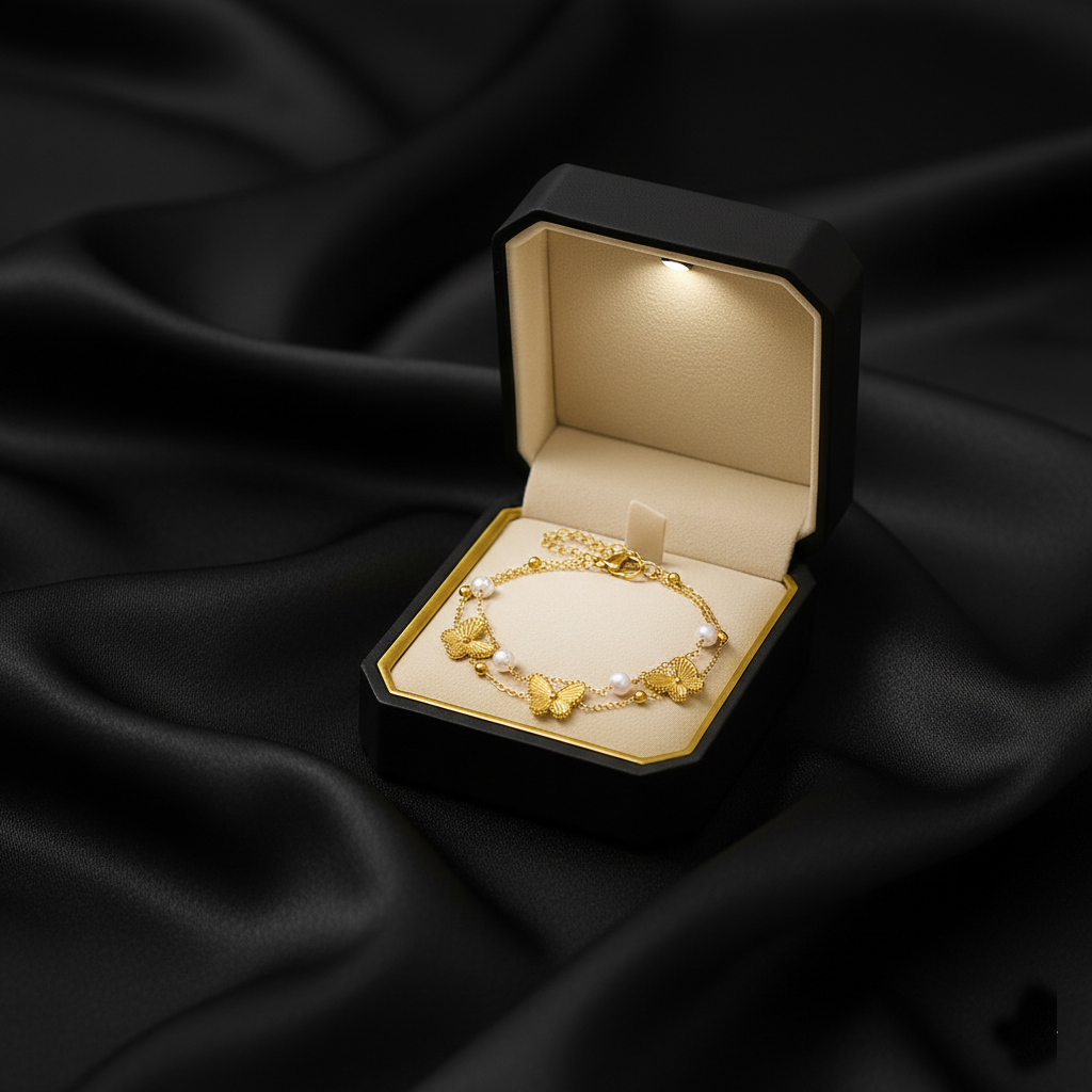 RemindraLux 18K Gold-Plated Butterfly & Pearl Double-Chain Anklet