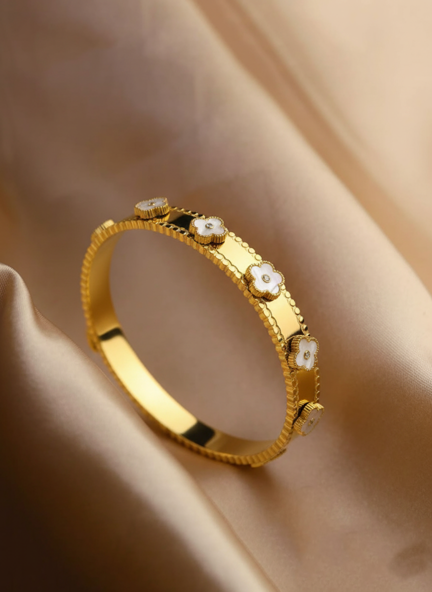RemindraLux 18K Gold-Plated Beaded Edge Bangle with White Enamel Flowers
