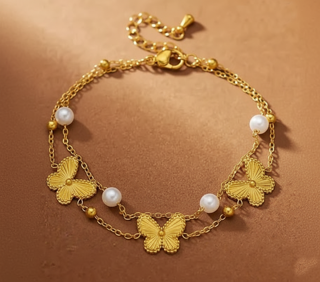 RemindraLux 18K Gold-Plated Butterfly & Pearl Double-Chain Anklet