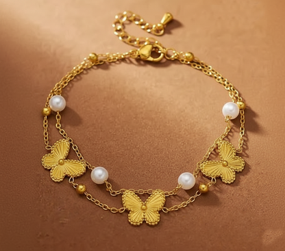 RemindraLux 18K Gold-Plated Butterfly & Pearl Double-Chain Anklet
