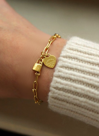 RemindraLux 18K Gold-Plated Heart Tag & Lock Charm Link Bracelet