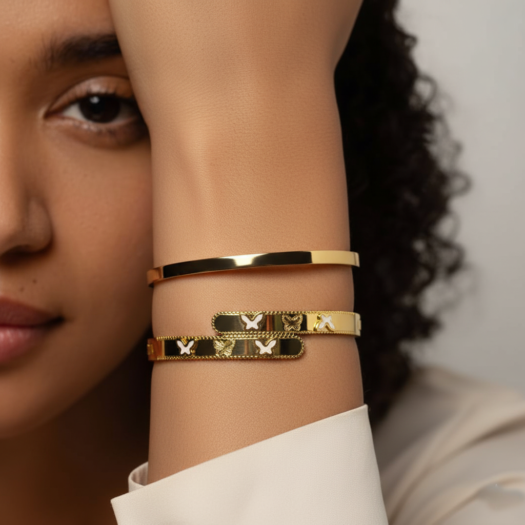 RemindraLux 18K Gold-Plated Butterfly Dreams Beaded Bangle