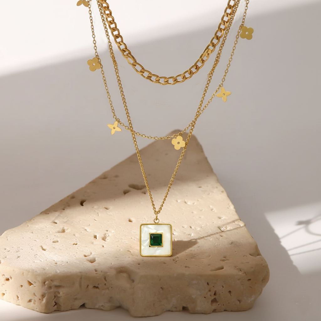 RemindraLux 18K Gold-Plated Layered Chains with Mini Flowers & Square Emerald Pendant