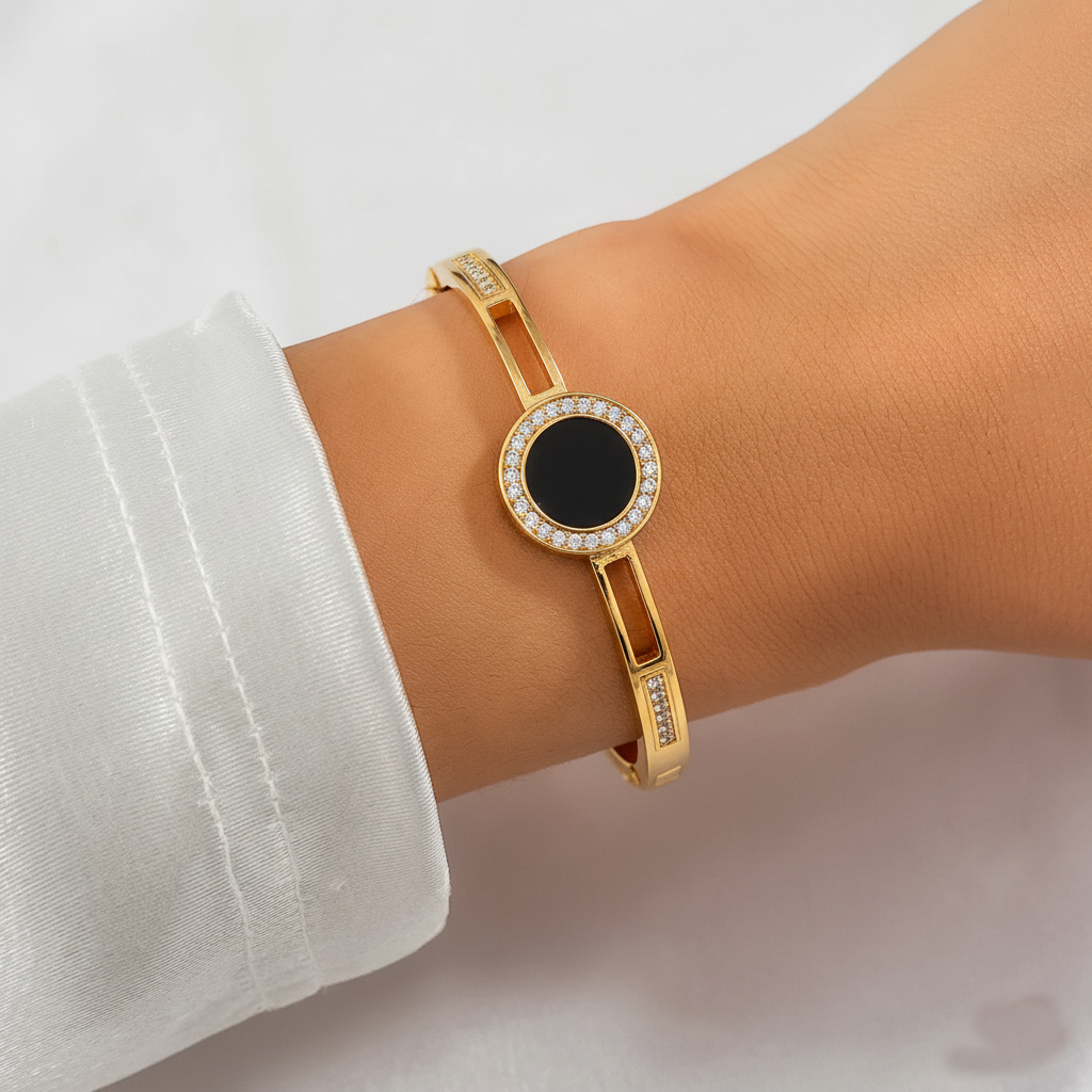 RemindraLux 18K Gold-Plated Black Enamel Halo Pavé Bangle