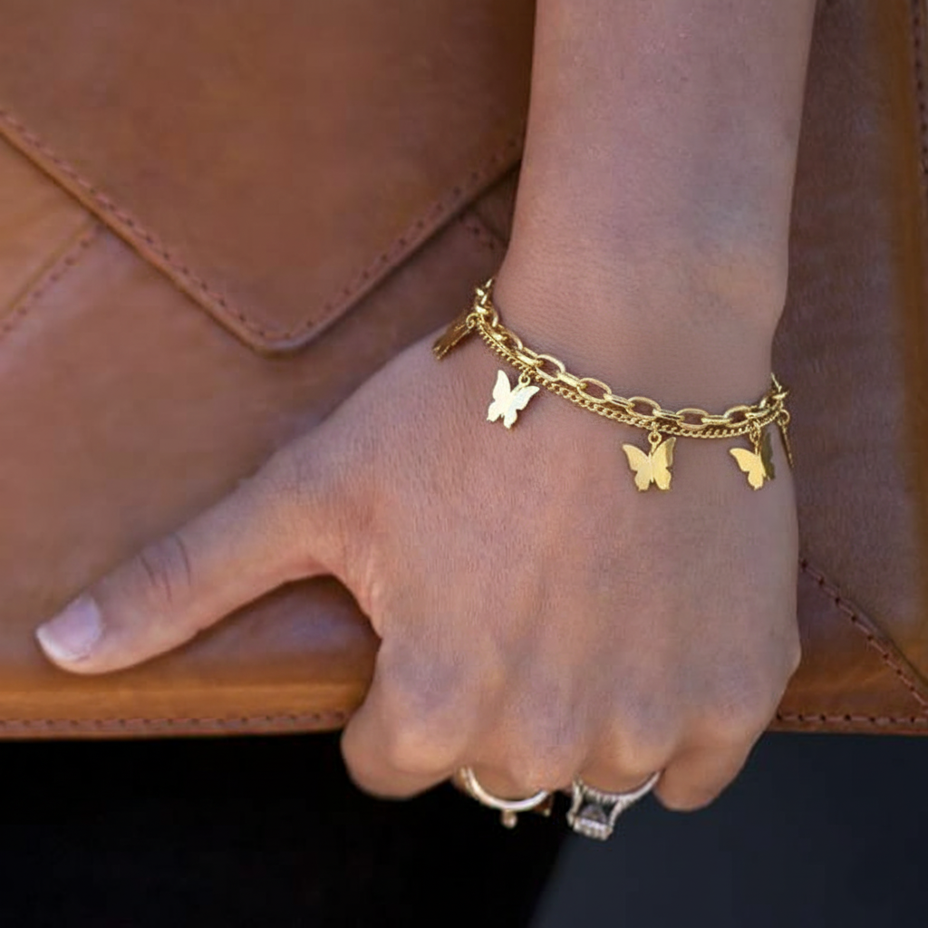 RemindraLux 18K Gold-Plated Butterfly Charm Double-Layer Chain Bracelet