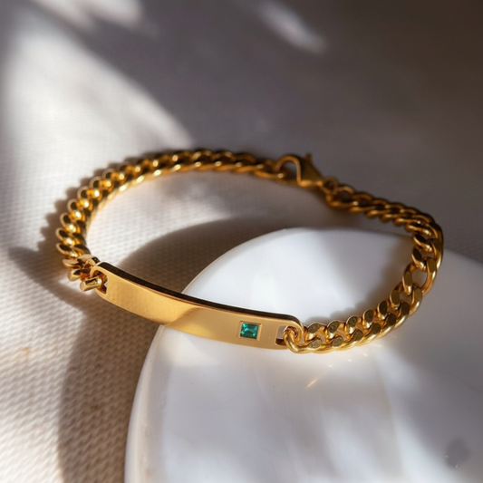 RemindraLux 18K Gold-Plated Cuban Link ID Plate Bracelet with Emerald-Green Accent