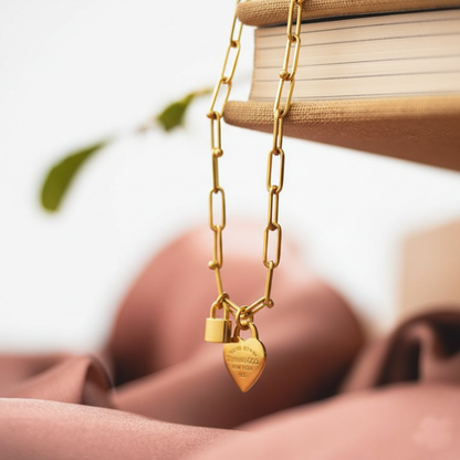 RemindraLux 18K Gold-Plated Heart Tag & Mini-Lock Beaded-Link Necklace