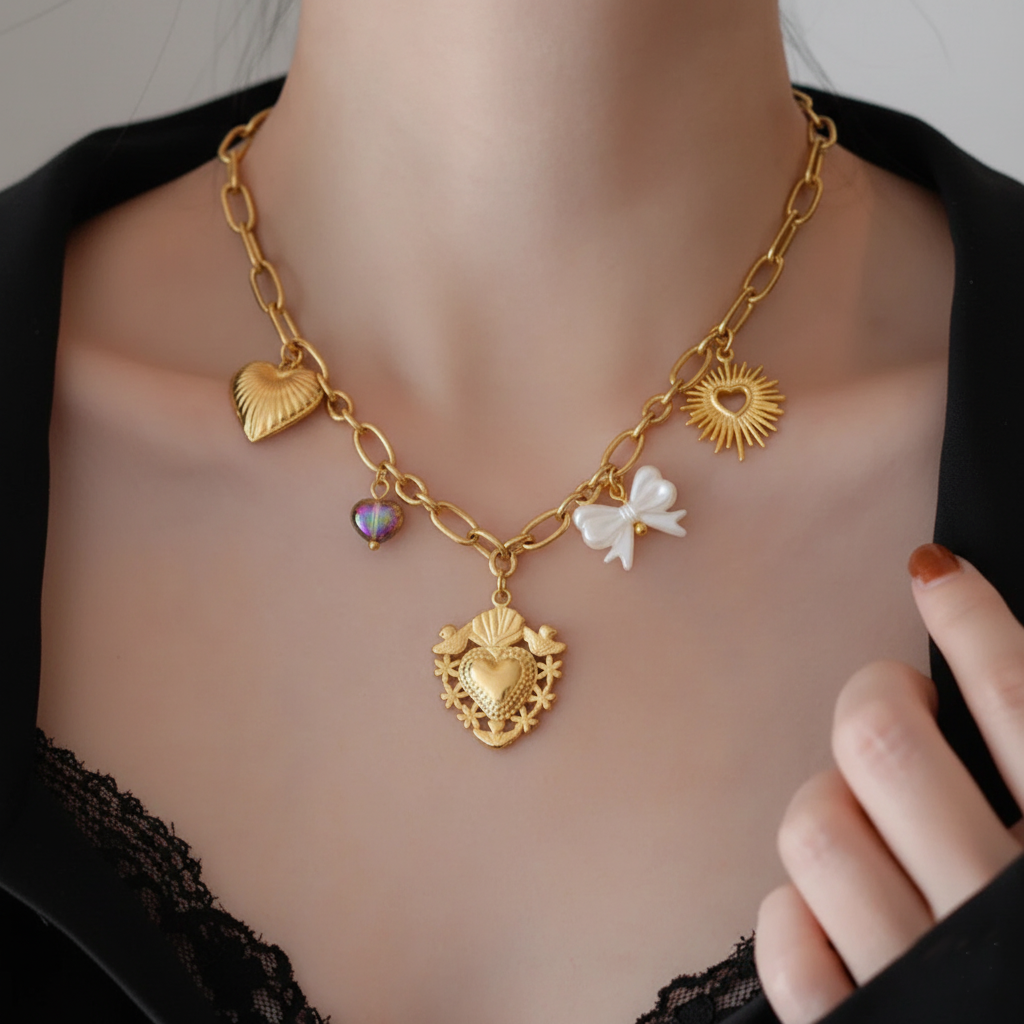 RemindraLux 18K Gold-Plated Sacred Heart Medallion Necklace with Sun, Bow & Glass Heart