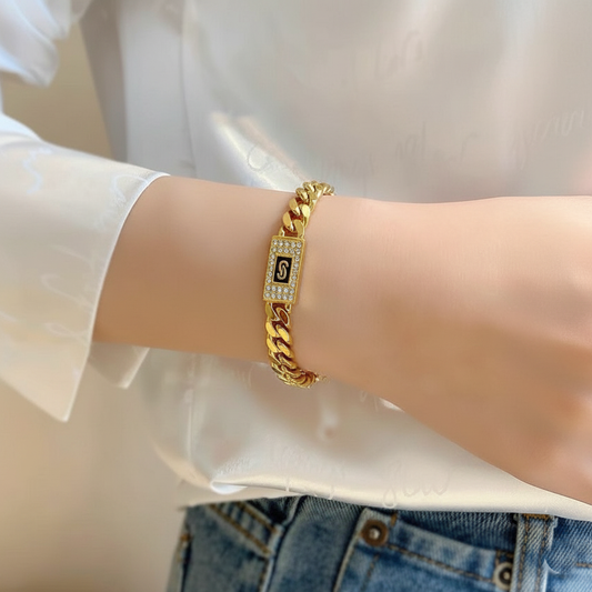 RemindraLux 18K Gold-Plated Monogram Pavé Plaque Curb Bracelet