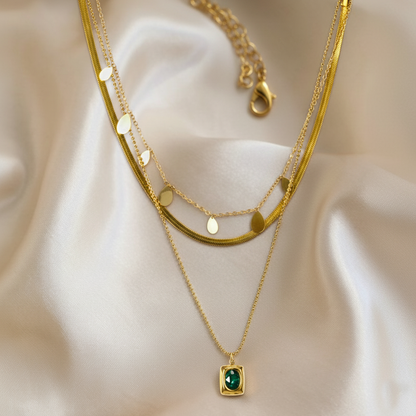 RemindraLux 18K Gold-Plated Layered Coin-Charm & Emerald-Green Pendant Necklace