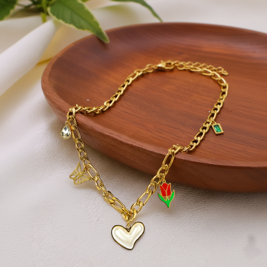 RemindraLux 18K Gold-Plated Pearl Heart & Tulip Charm Necklace
