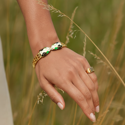 RemindraLux 18K Gold-Plated Serpent Embrace Bangle with Enamel Scales & Emerald Eyes