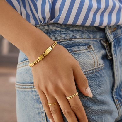 RemindraLux 18K Gold-Plated Cuban Link Engraved Heart Plate Bracelet