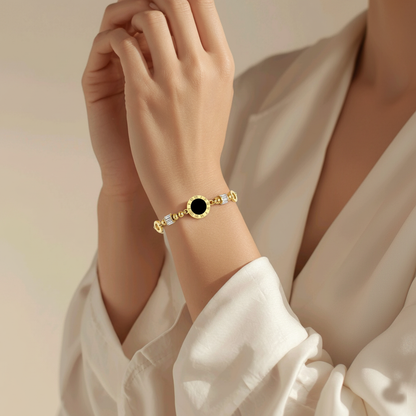 RemindraLux 18K Gold-Plated Time-Ring Station Bracelet, Black Enamel Center