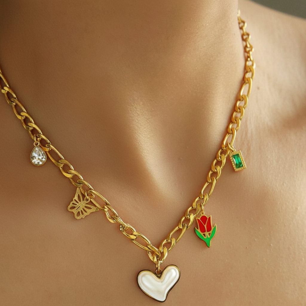 RemindraLux 18K Gold-Plated Pearl Heart & Tulip Charm Necklace