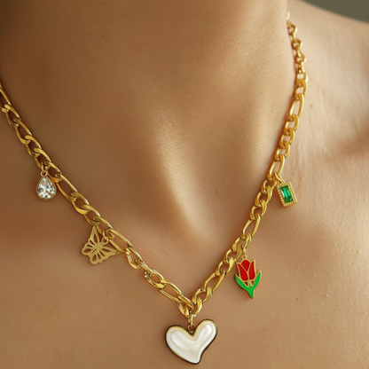 RemindraLux 18K Gold-Plated Pearl Heart & Tulip Charm Necklace