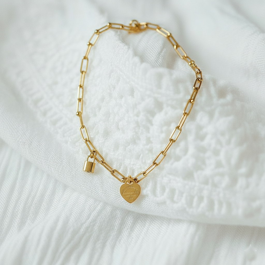 RemindraLux 18K Gold-Plated Heart Tag & Mini-Lock Beaded-Link Necklace