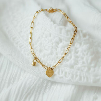 RemindraLux 18K Gold-Plated Heart Tag & Mini-Lock Beaded-Link Necklace