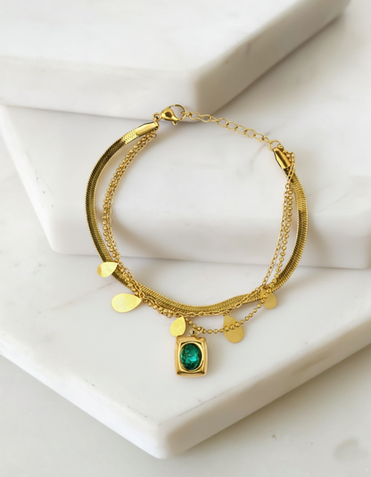 RemindraLux 18K Gold-Plated Triple-Strand Bracelet with Disc Charms & Emerald-Green Stone