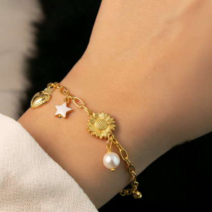 RemindraLux 18K Gold-Plated Charm Bracelet with Butterfly, Heart & Sun Motifs