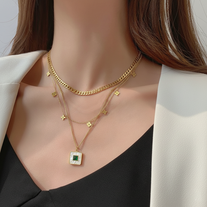 RemindraLux 18K Gold-Plated Layered Chains with Mini Flowers & Square Emerald Pendant