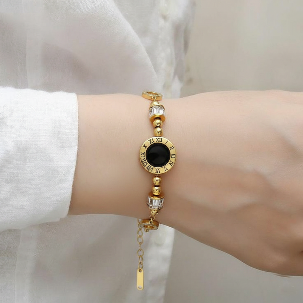 RemindraLux 18K Gold-Plated Time-Ring Station Bracelet, Black Enamel Center