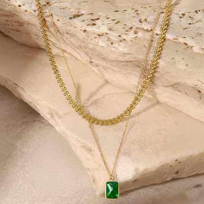 RemindraLux 18K Gold-Plated Laurel & Emerald Layered Necklace