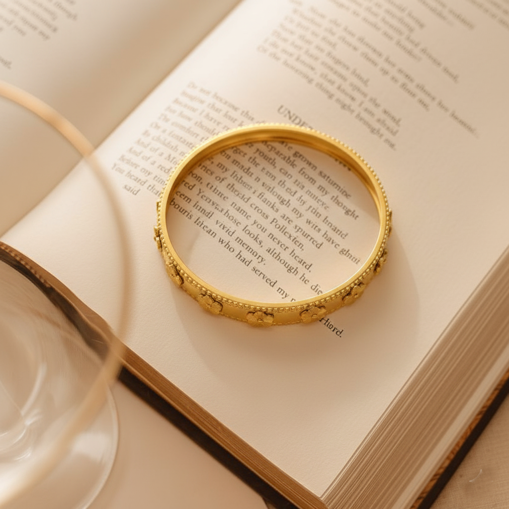 RemindraLux 18K Gold-Plated Beaded Edge Bangle with Golden Flowers