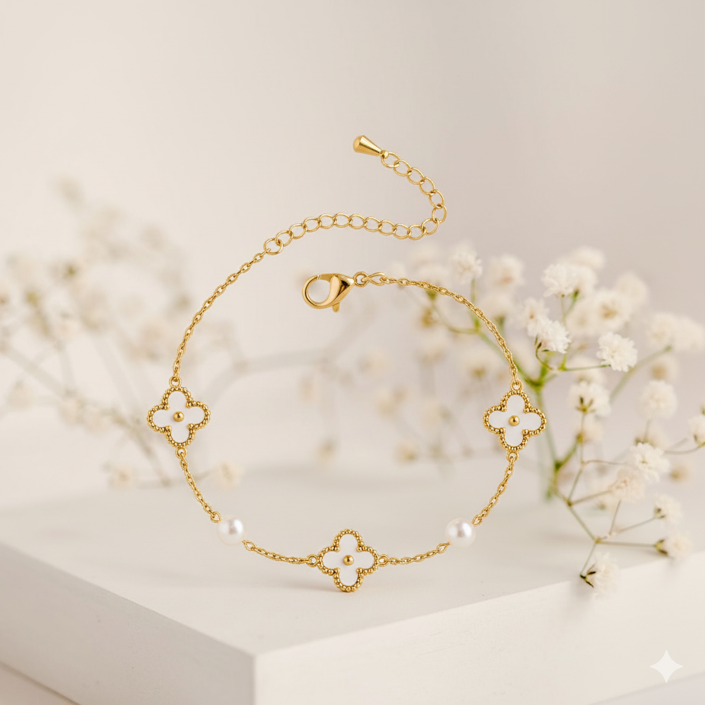 RemindraLux 18K Gold-Plated White Enamel Clover & Pearl Charm Bracelet