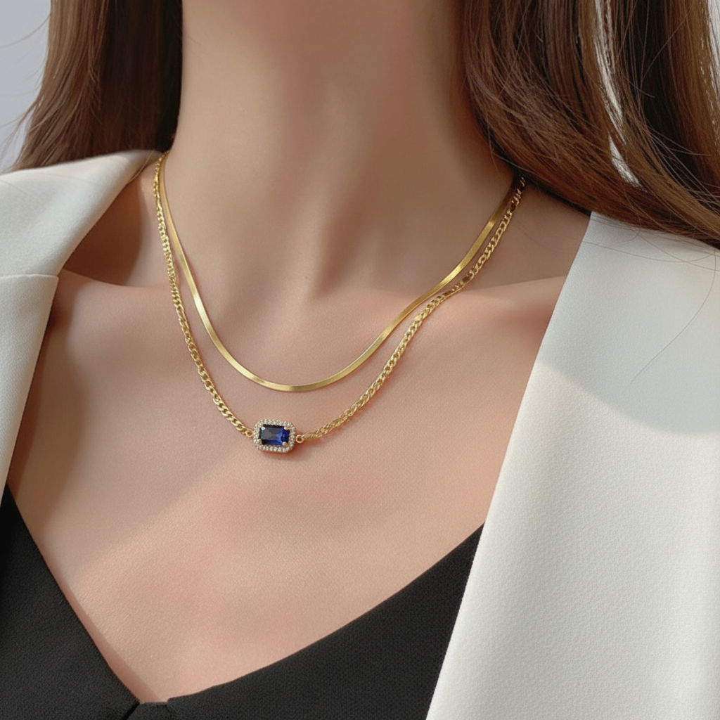 RemindraLux 18K Gold-Plated Double-Layer Necklace with Deep Blue Gemstone Accent